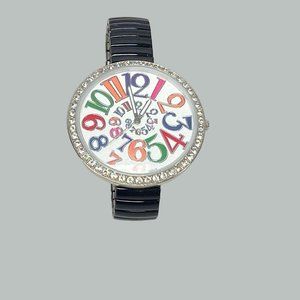 Geneva Platinum Womens Stretch Black Band Round Rhinestone Face Colorful Numbers